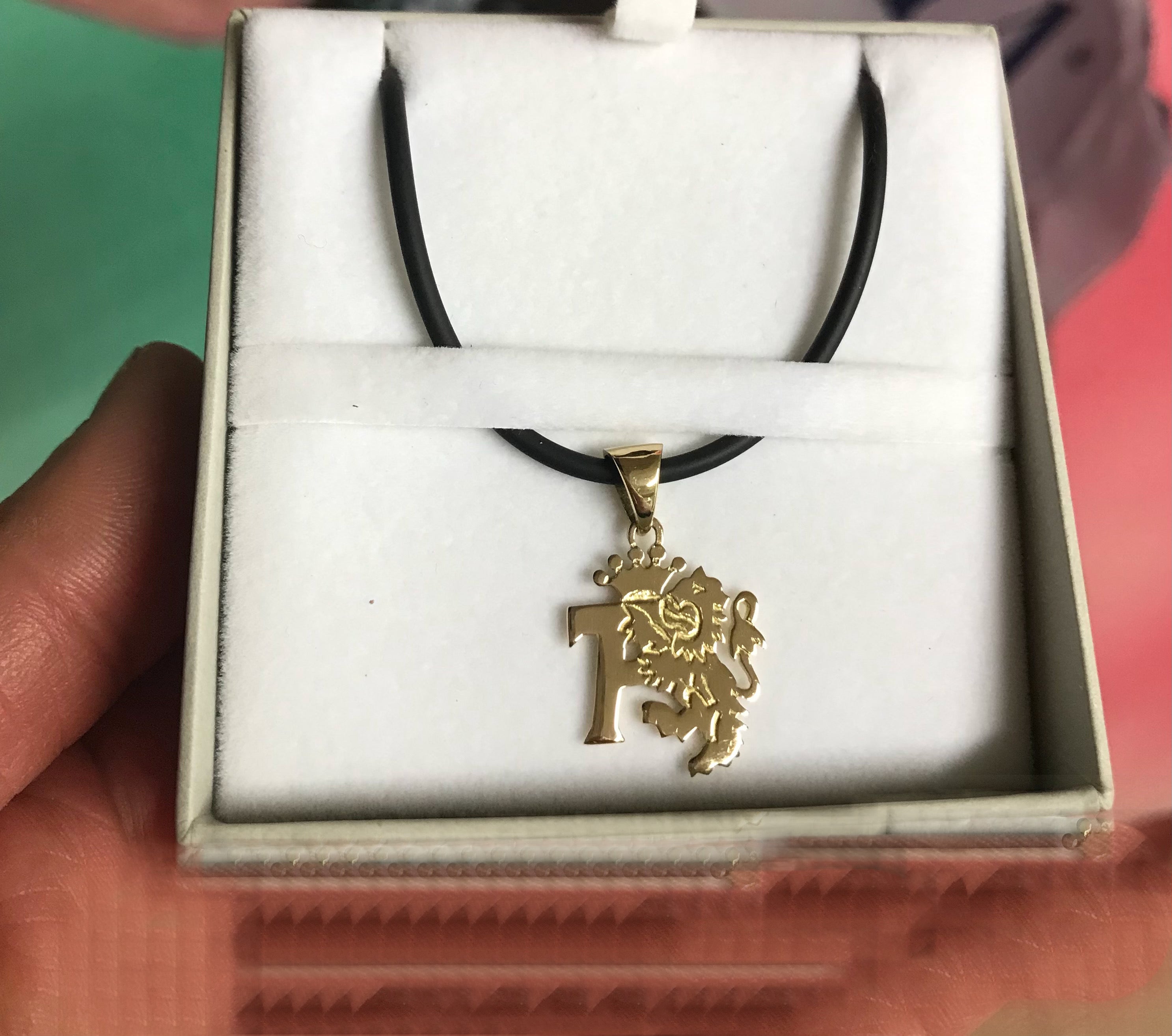 Ciondolo in oro, stemma di Atessa, con collana caucciù